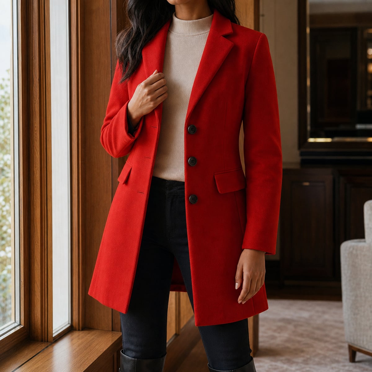 women's slim fit single-breasted midi coat in red