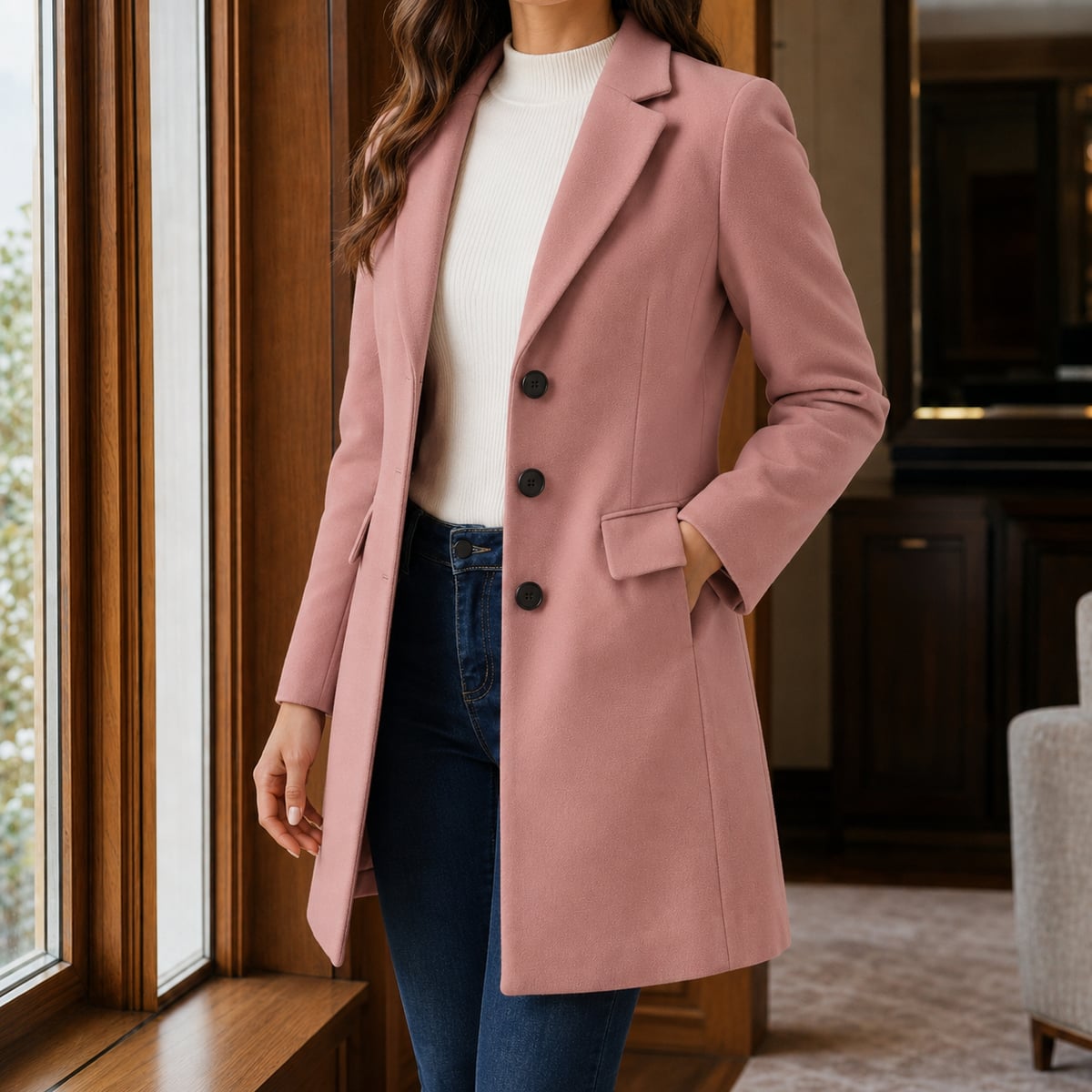 women's slim fit single-breasted midi coat in pink