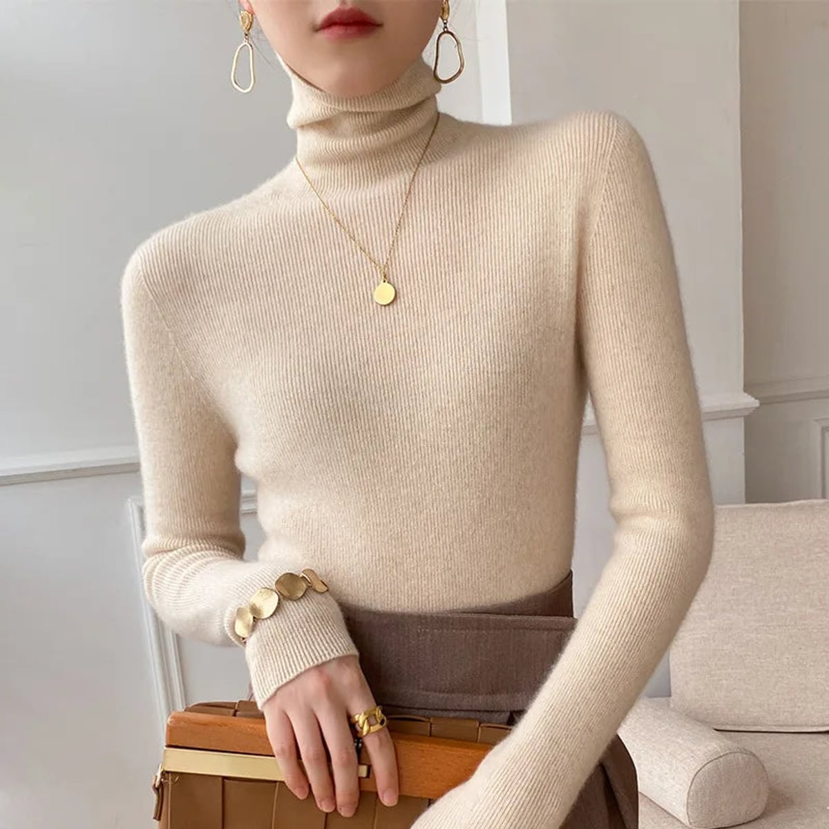 women's slim fit turtleneck sweater in ivory pearl