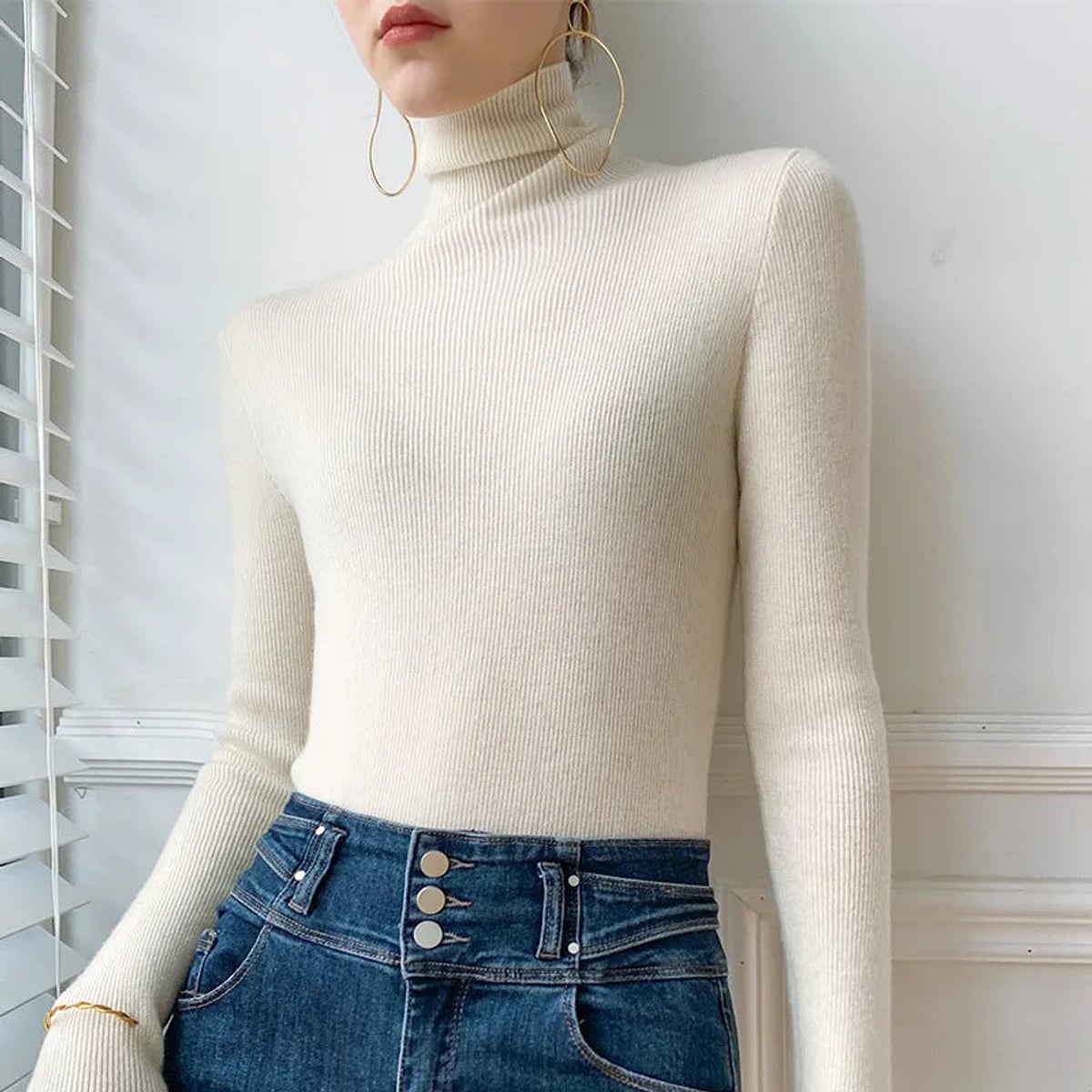 women's slim fit turtleneck sweater in cream