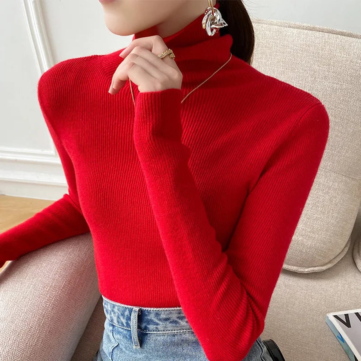 women's slim fit turtleneck sweater in red