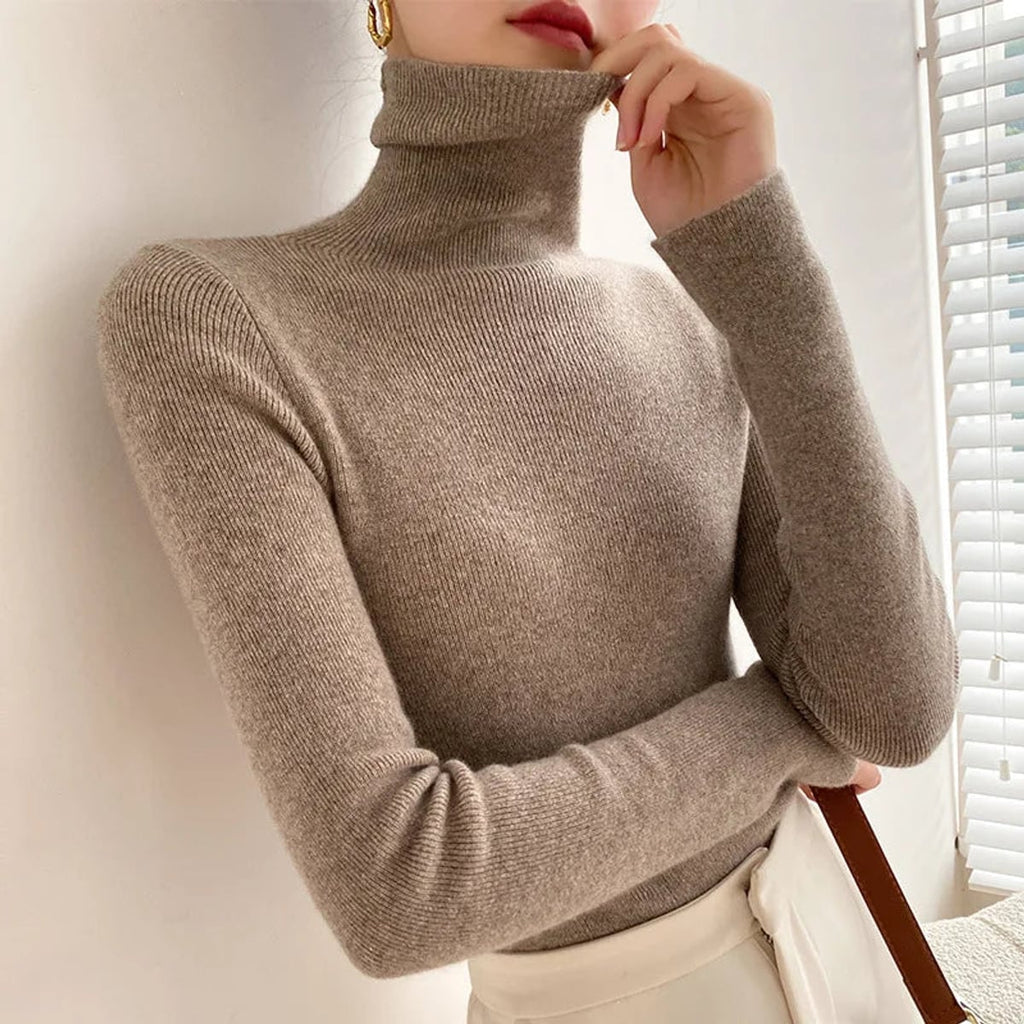 women's slim fit turtleneck sweater in camel