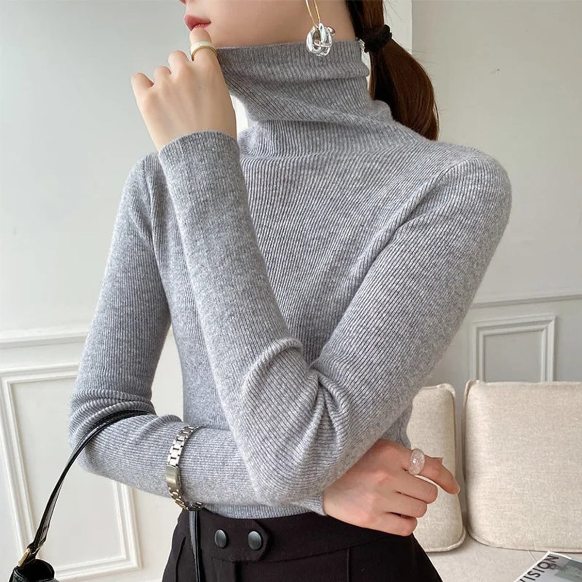 women's slim fit turtleneck sweater in gray
