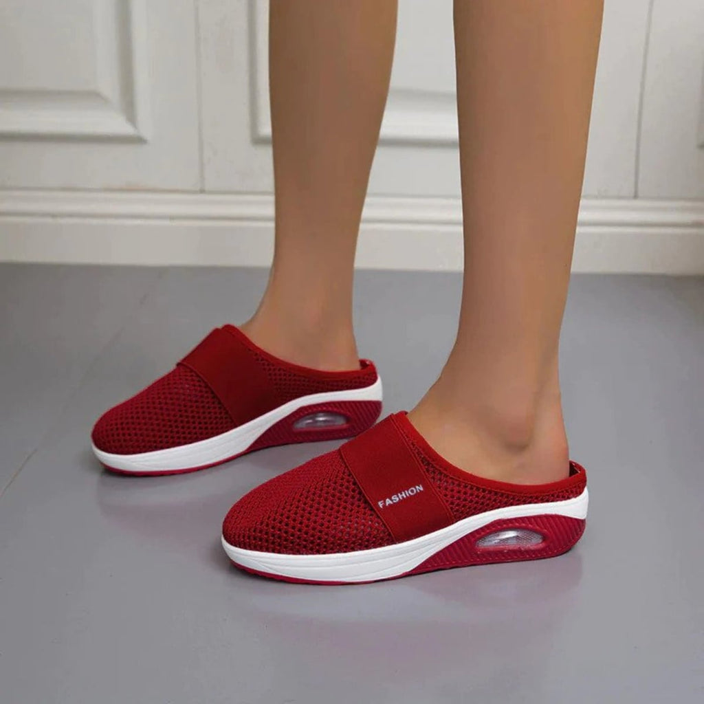 women's slip-on platform mule trainers in red