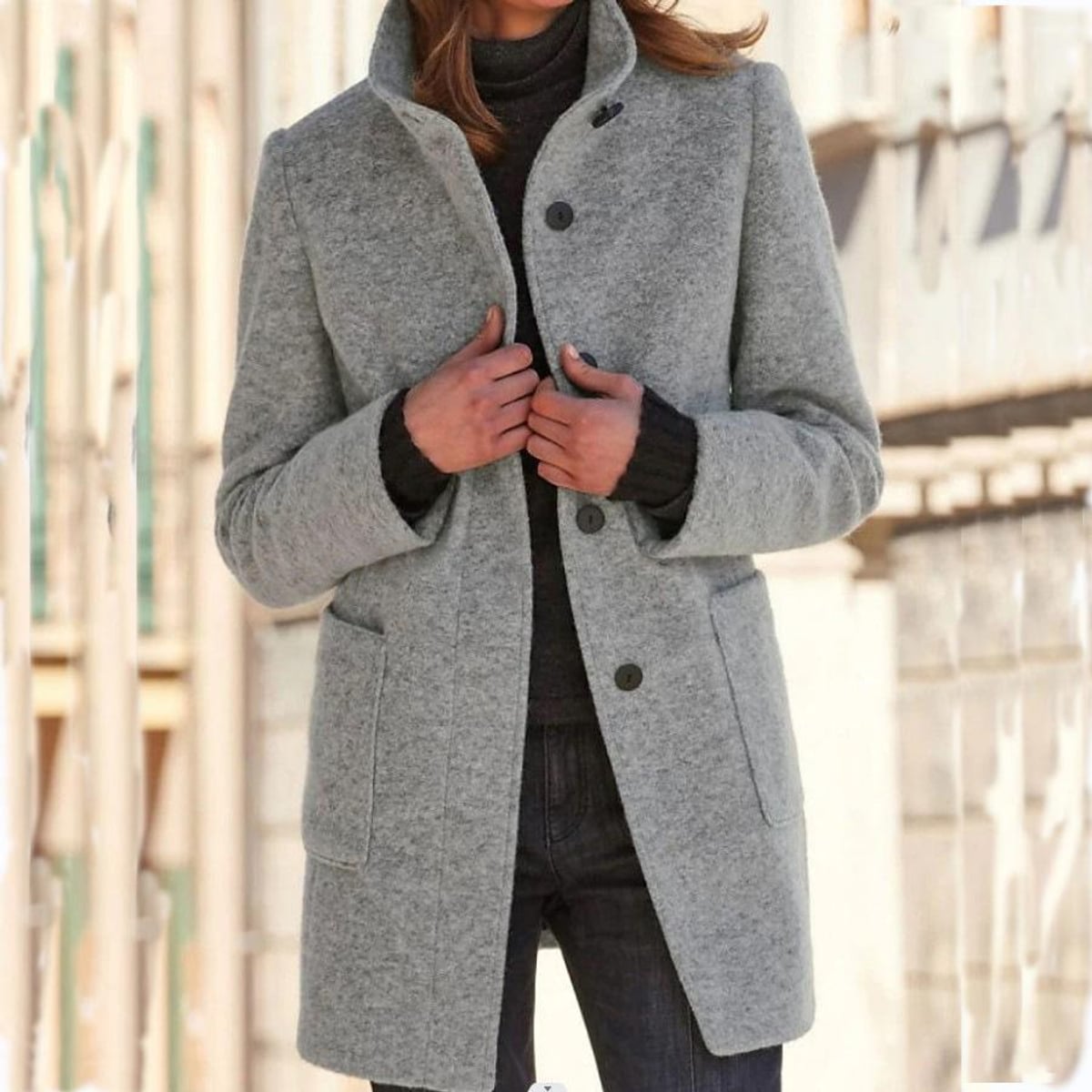 women's stand collar mid-length coat in light gray