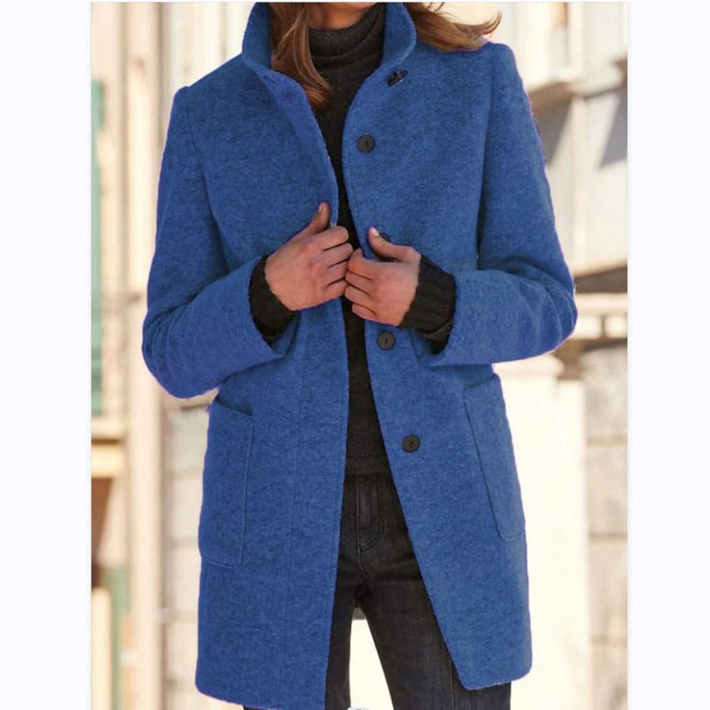 women's stand collar mid-length coat in dark blue