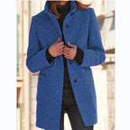 women's stand collar mid-length coat in dark blue
