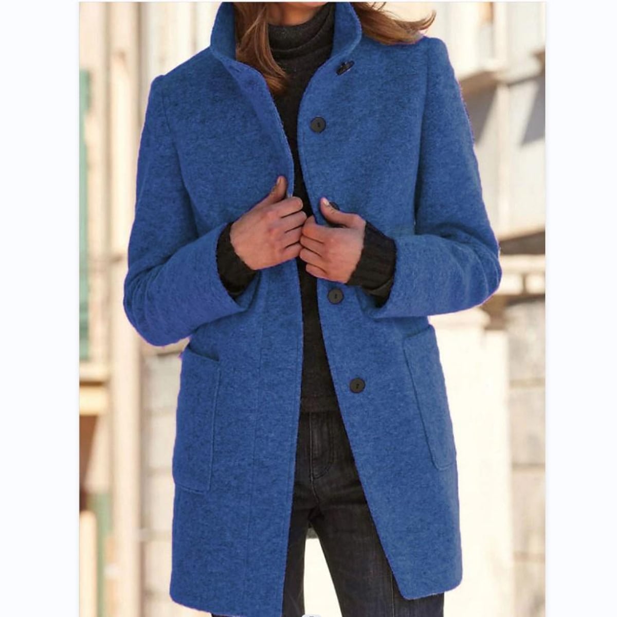 women's stand collar mid-length coat in dark blue
