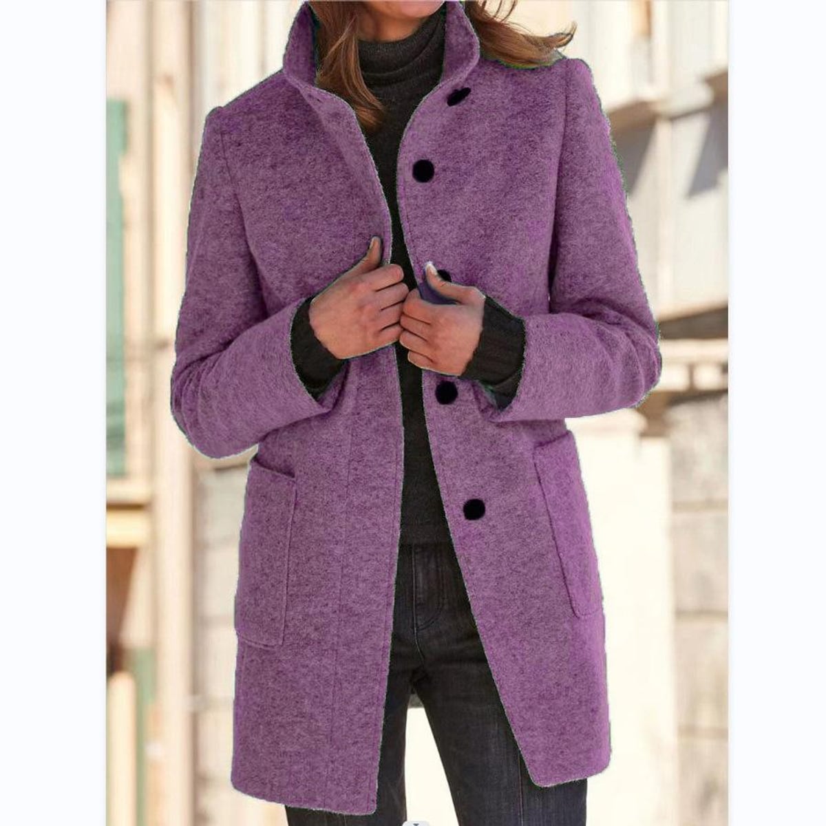 women's stand collar mid-length coat in light purple