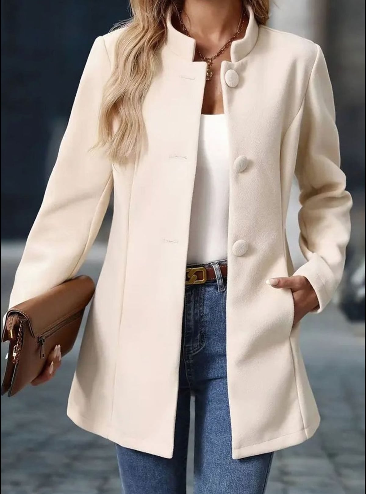 women's stand collar winter coat in beige