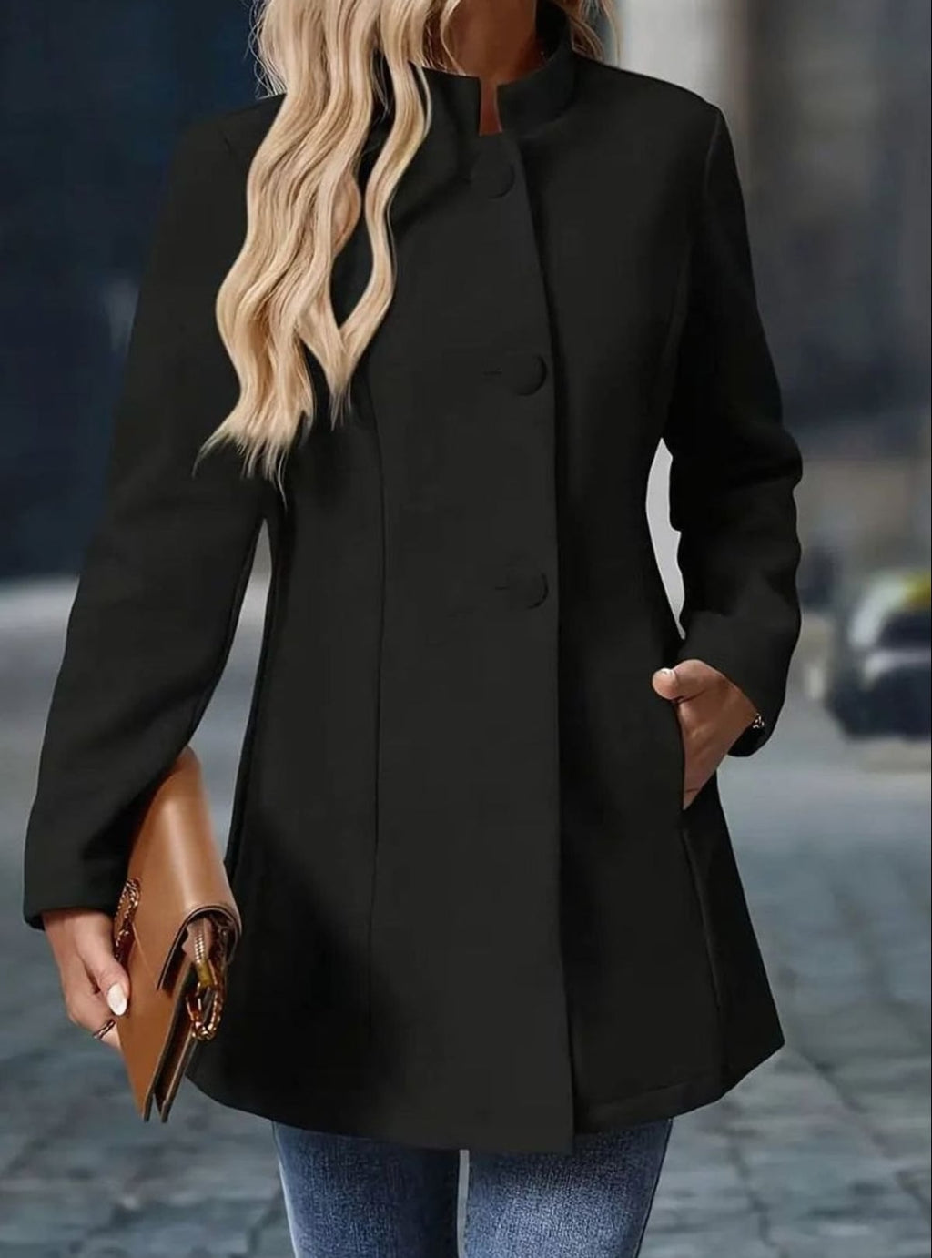 women's stand collar winter coat in black