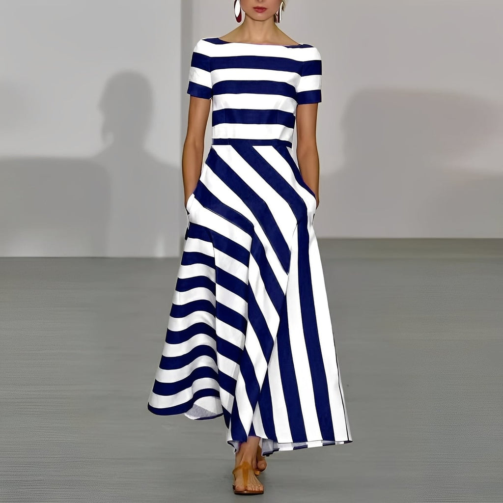 women's striped boat neck maxi dress in blue
