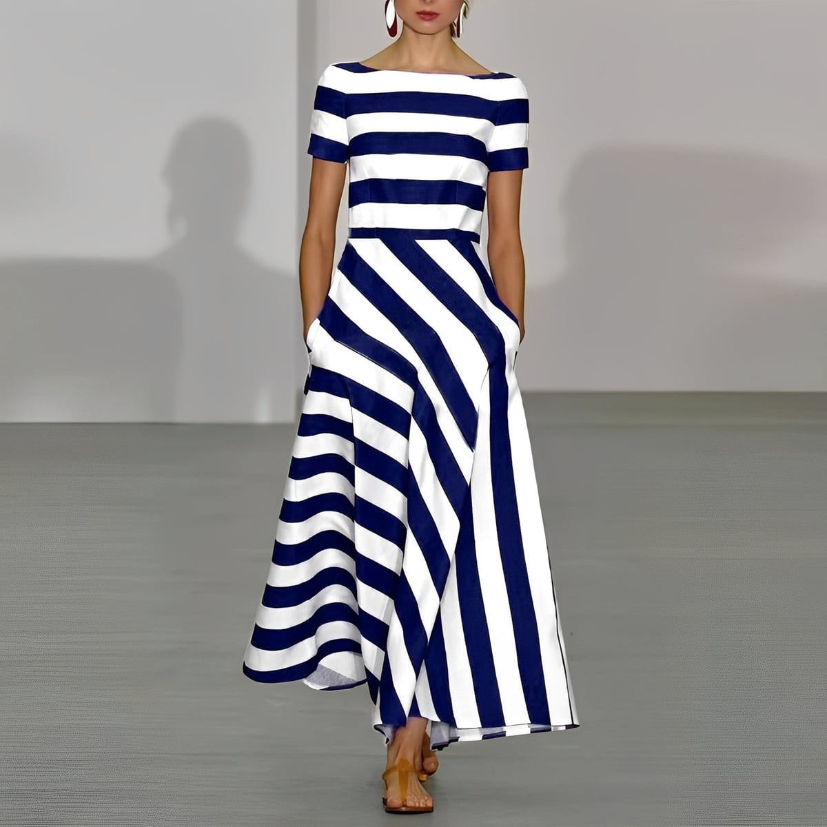 women's striped boat neck maxi dress in blue