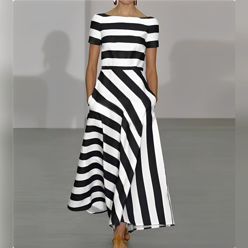 women's striped boat neck maxi dress in black