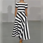 women's striped boat neck maxi dress in black