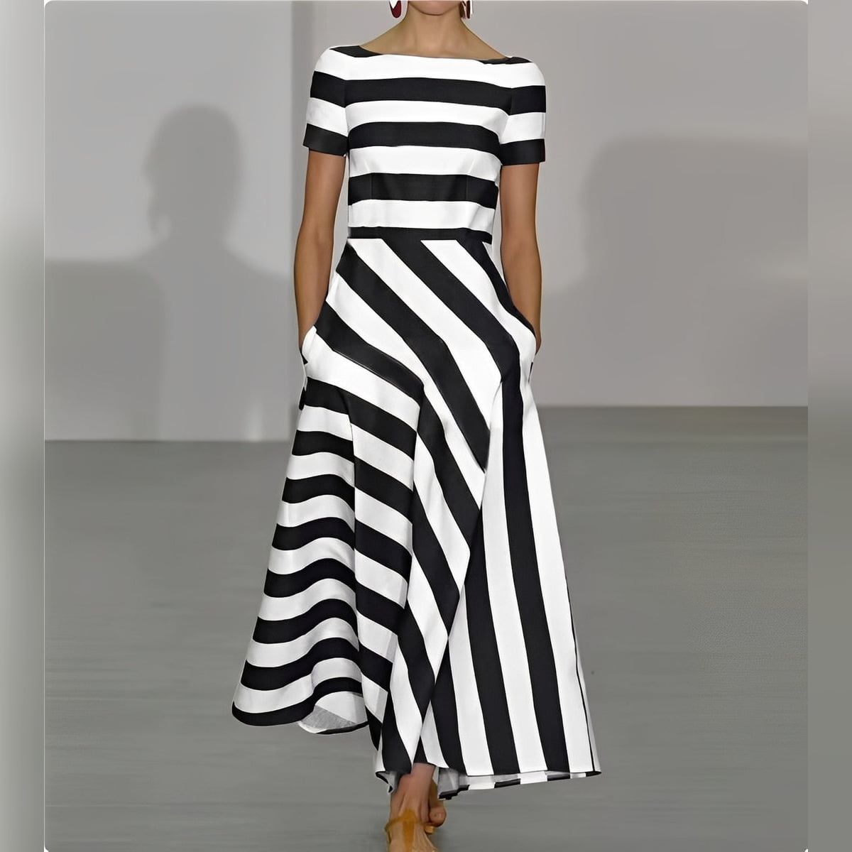 women's striped boat neck maxi dress in black