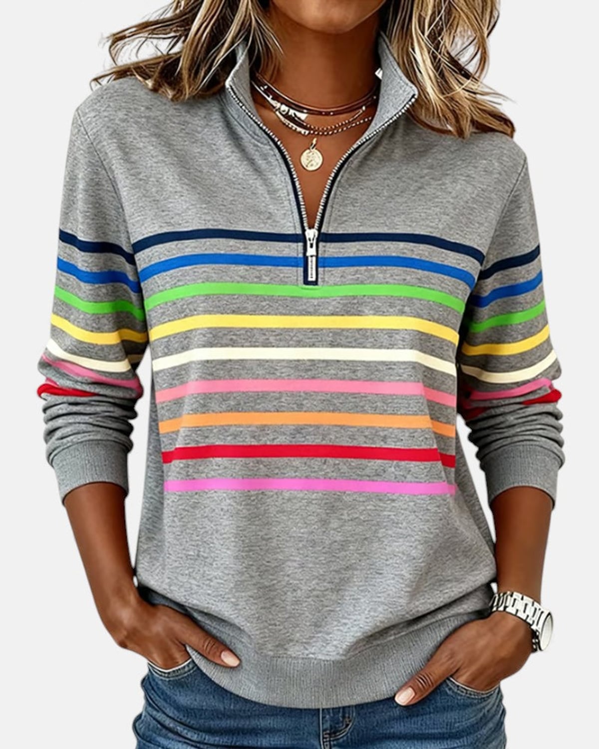 women's striped quarter zip sweatshirt in gray