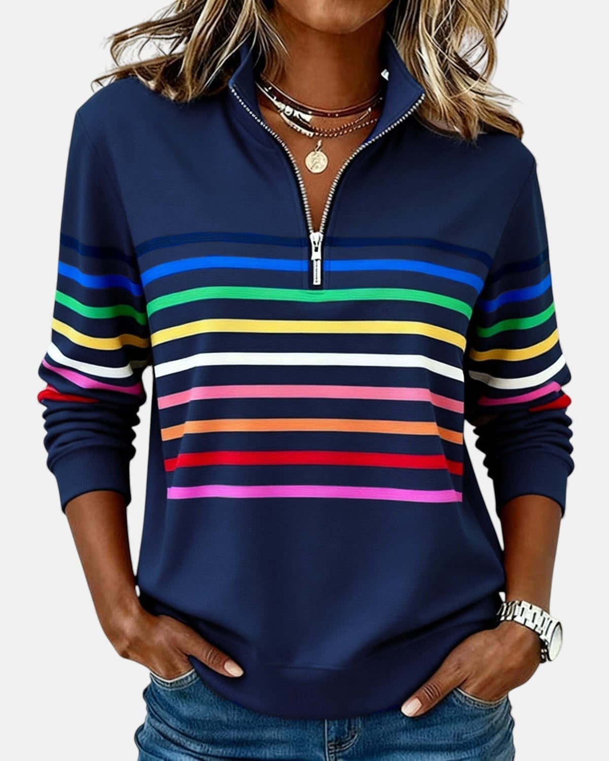 women's striped quarter zip sweatshirt in blue