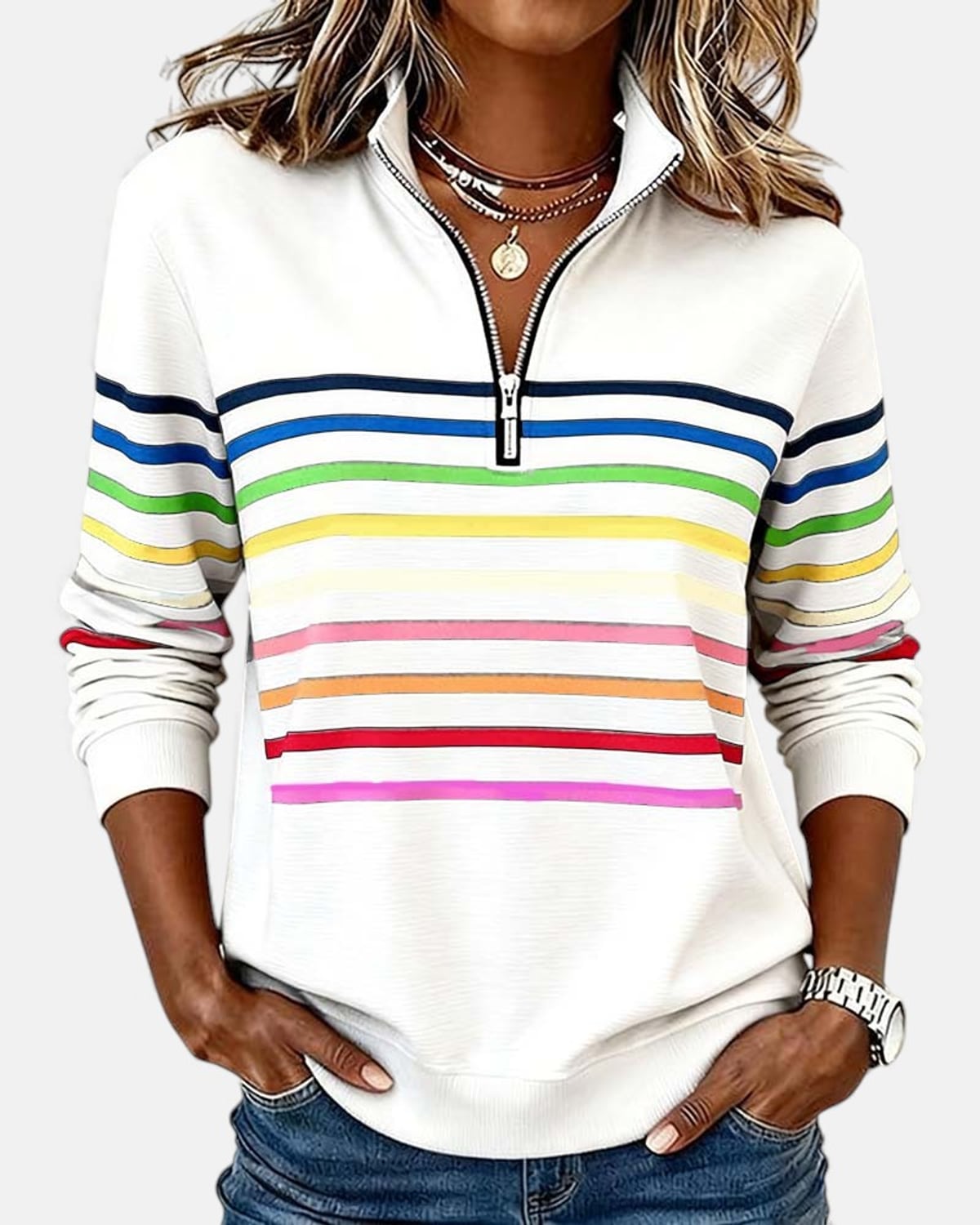 women's striped quarter zip sweatshirt in white