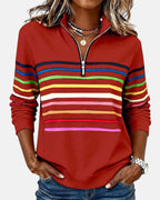 women's striped quarter zip sweatshirt in red