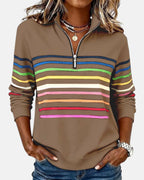 women's striped quarter zip sweatshirt in khaki