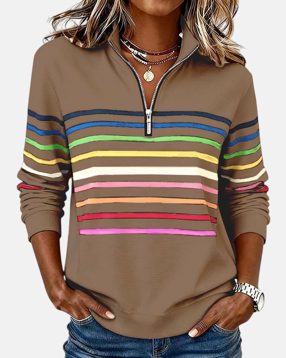 women's striped quarter zip sweatshirt in khaki