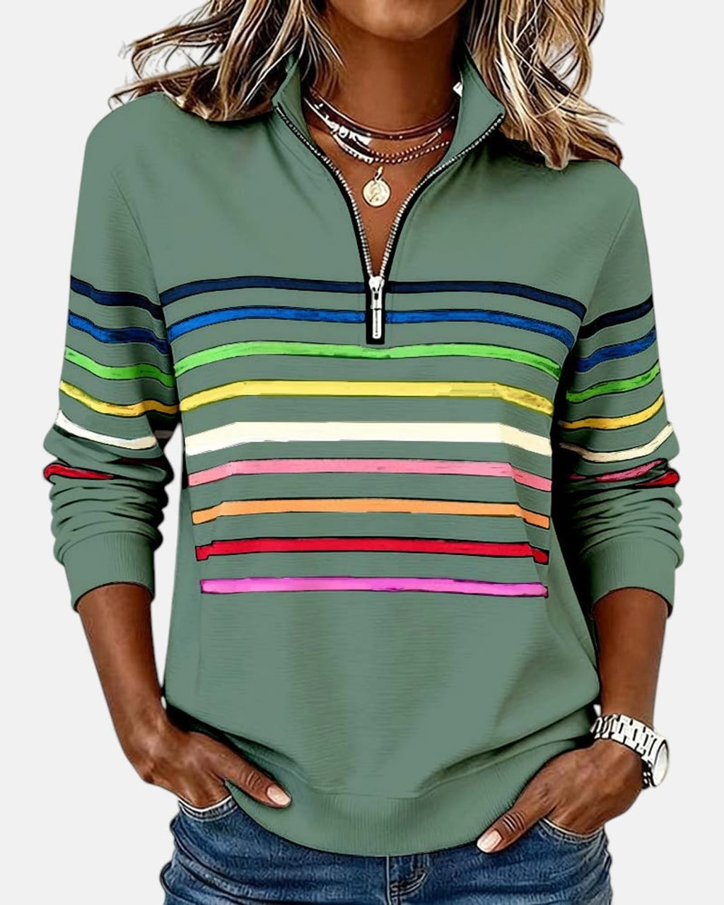 women's striped quarter zip sweatshirt in green