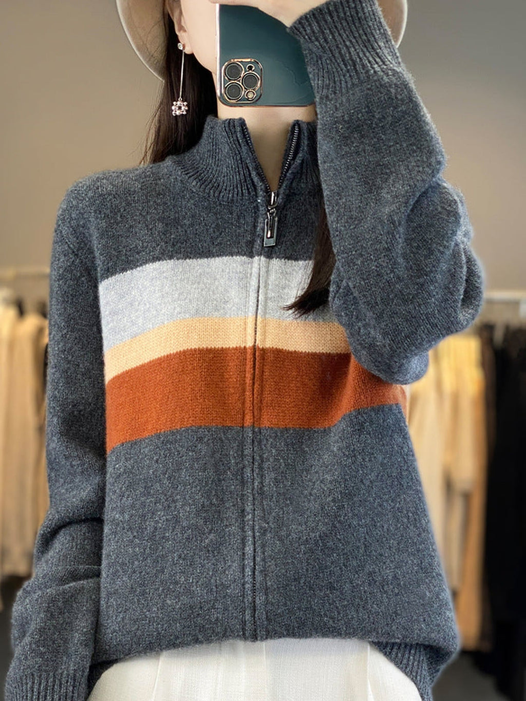 women's striped zip-up knit cardigan