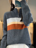 women's striped zip-up knit cardigan