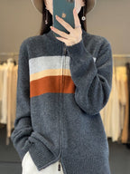 women's striped zip-up knit cardigan