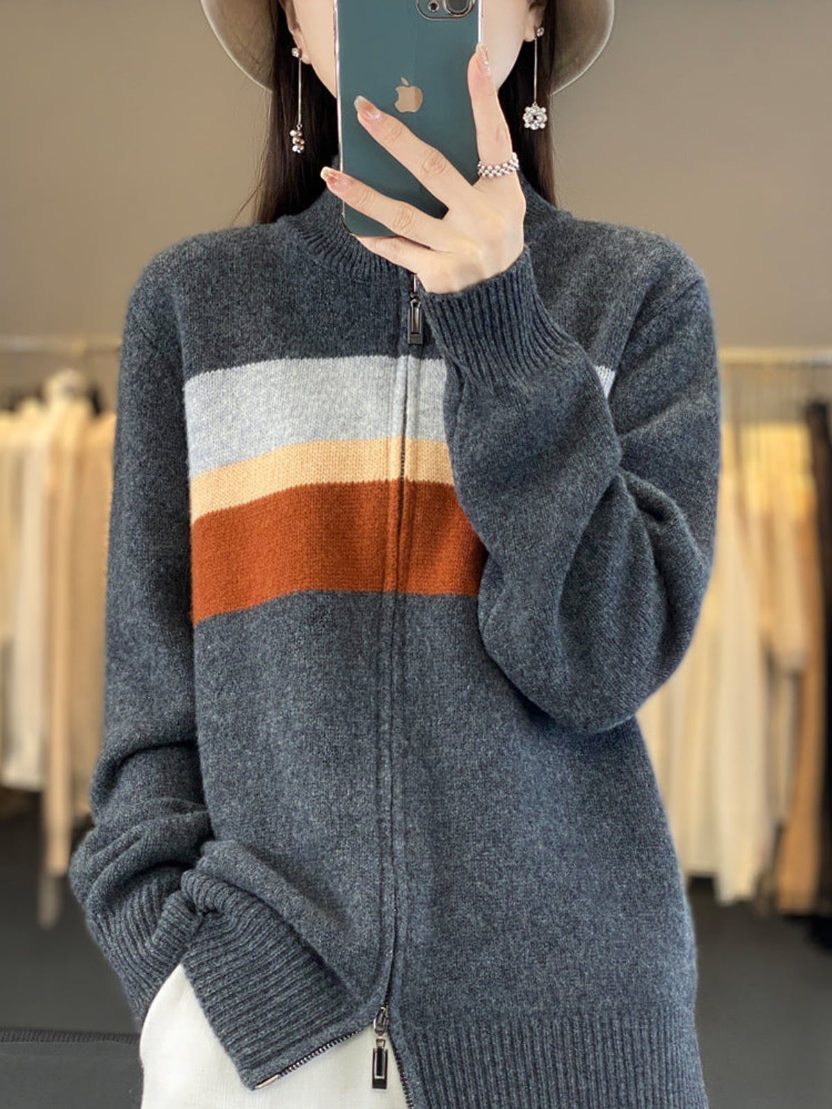 women's striped zip-up knit cardigan