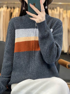women's striped zip-up knit cardigan