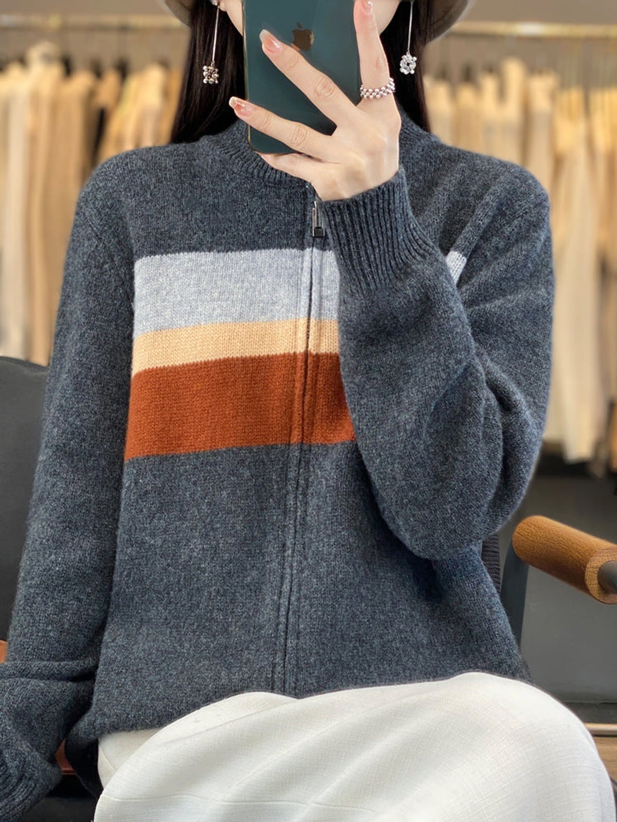women's striped zip-up knit cardigan