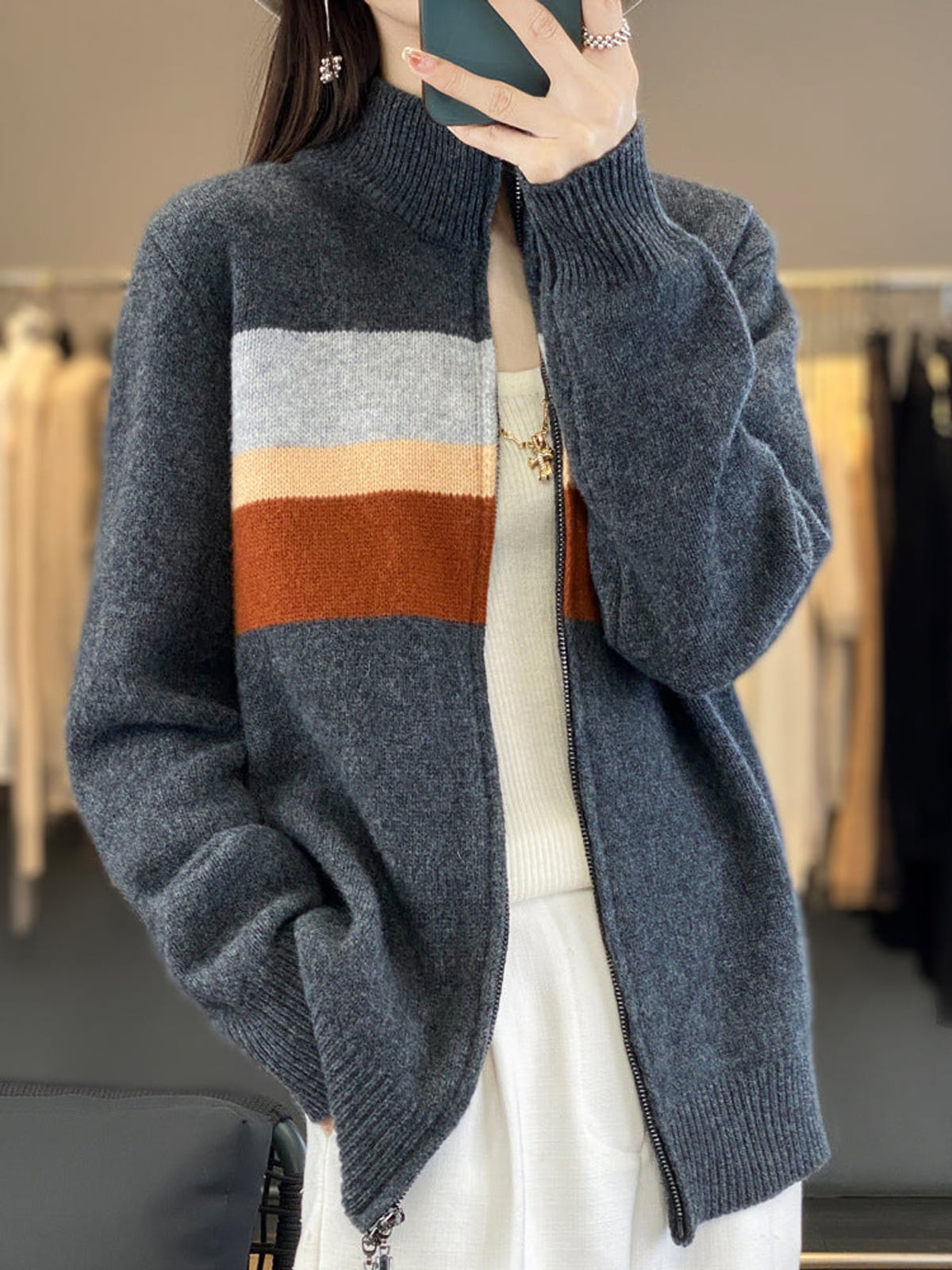 women's striped zip-up knit cardigan