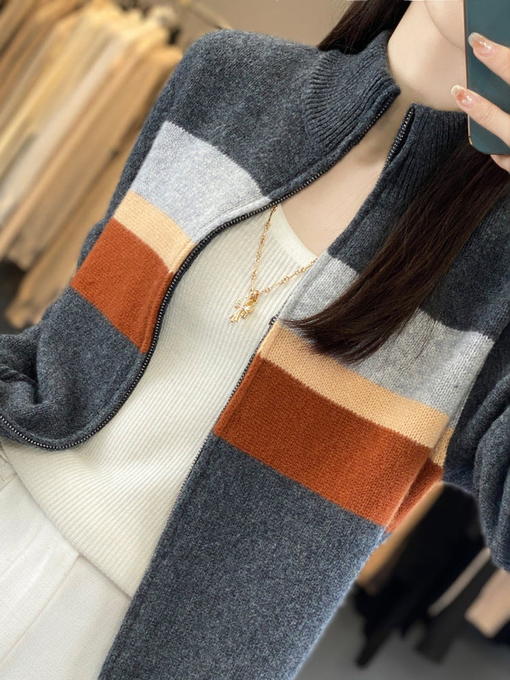 women's striped zip-up knit cardigan