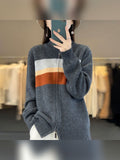 women's striped zip-up knit cardigan in gray