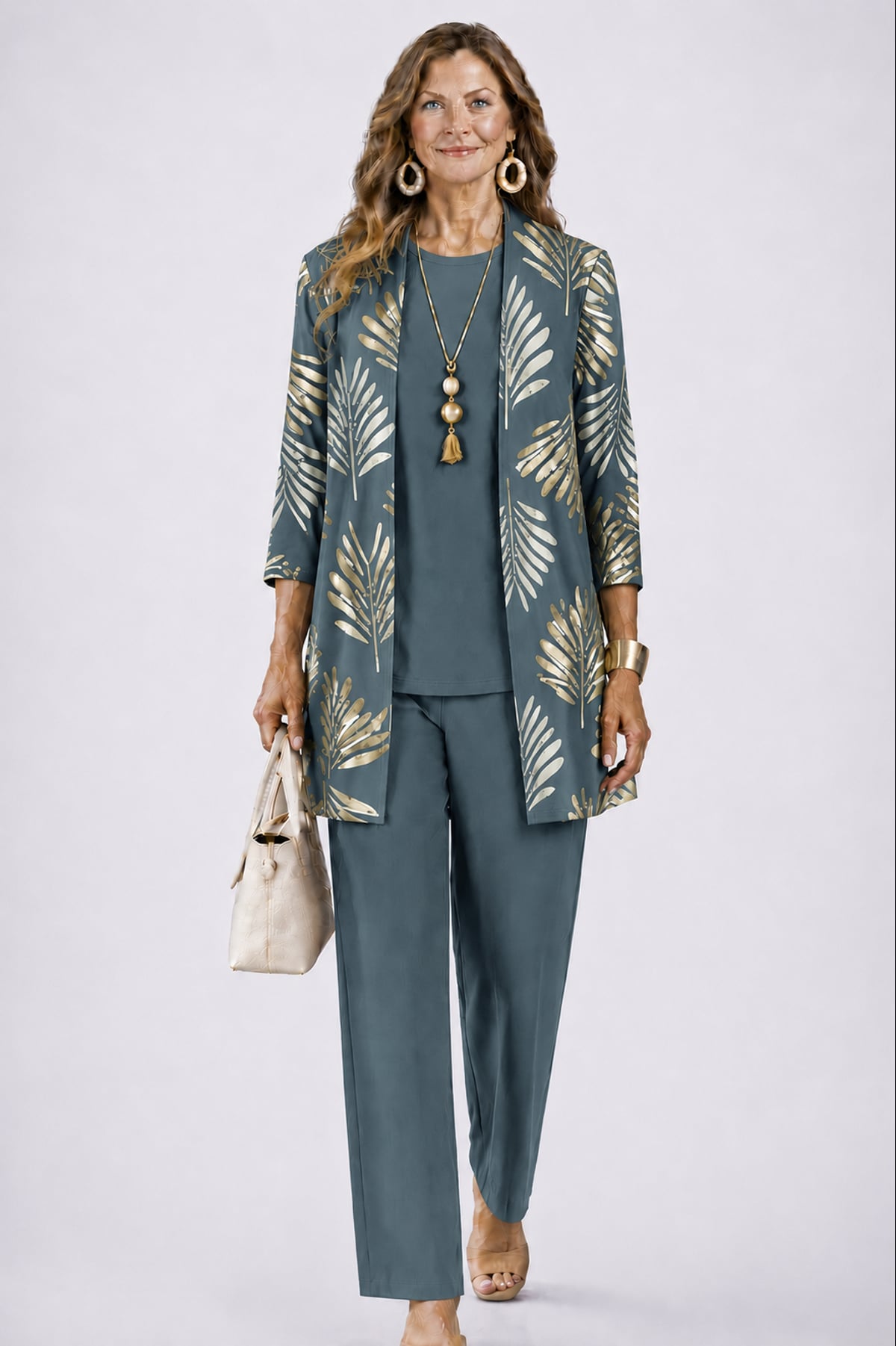 women's three-piece cardigan set in vintage teal