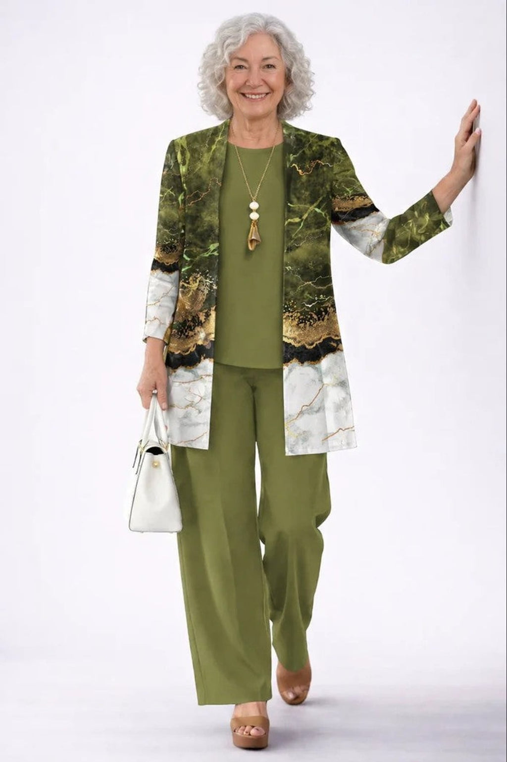 women's three-piece cardigan set in green