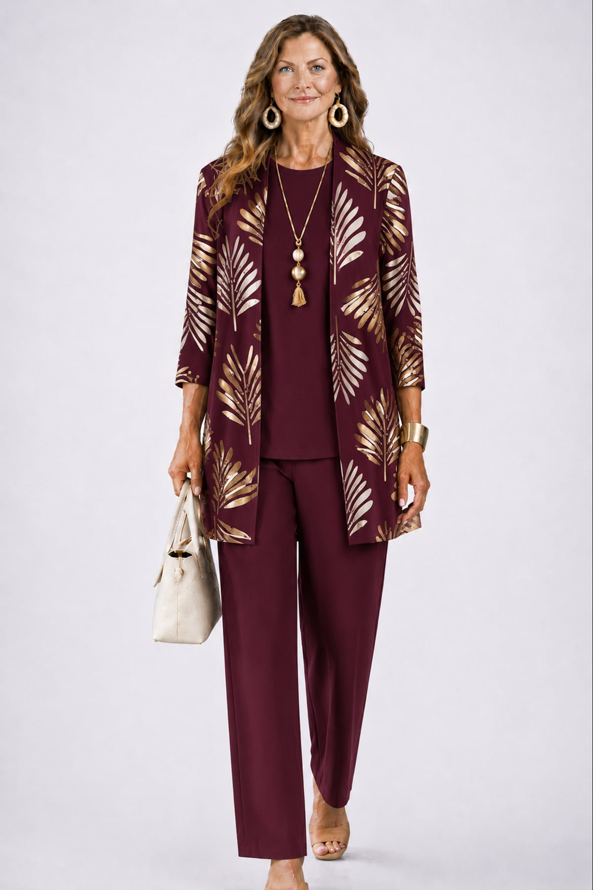 women's three-piece cardigan set in burgundy blossom