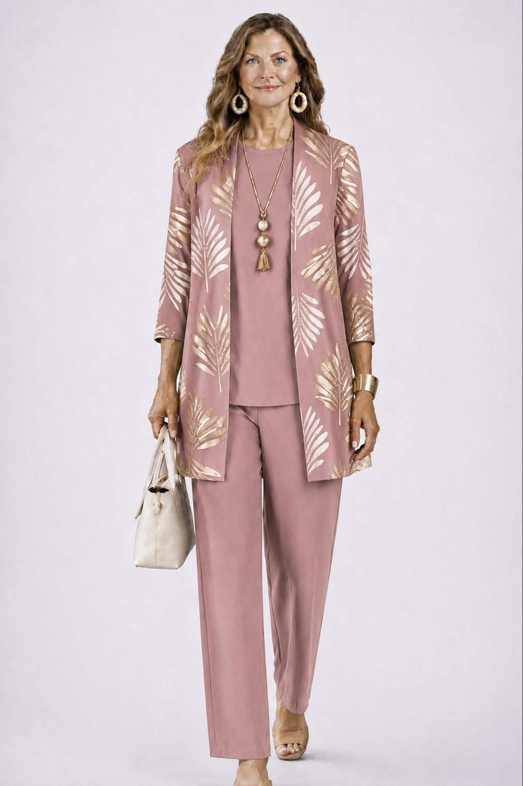 women's three-piece cardigan set in dusty rose