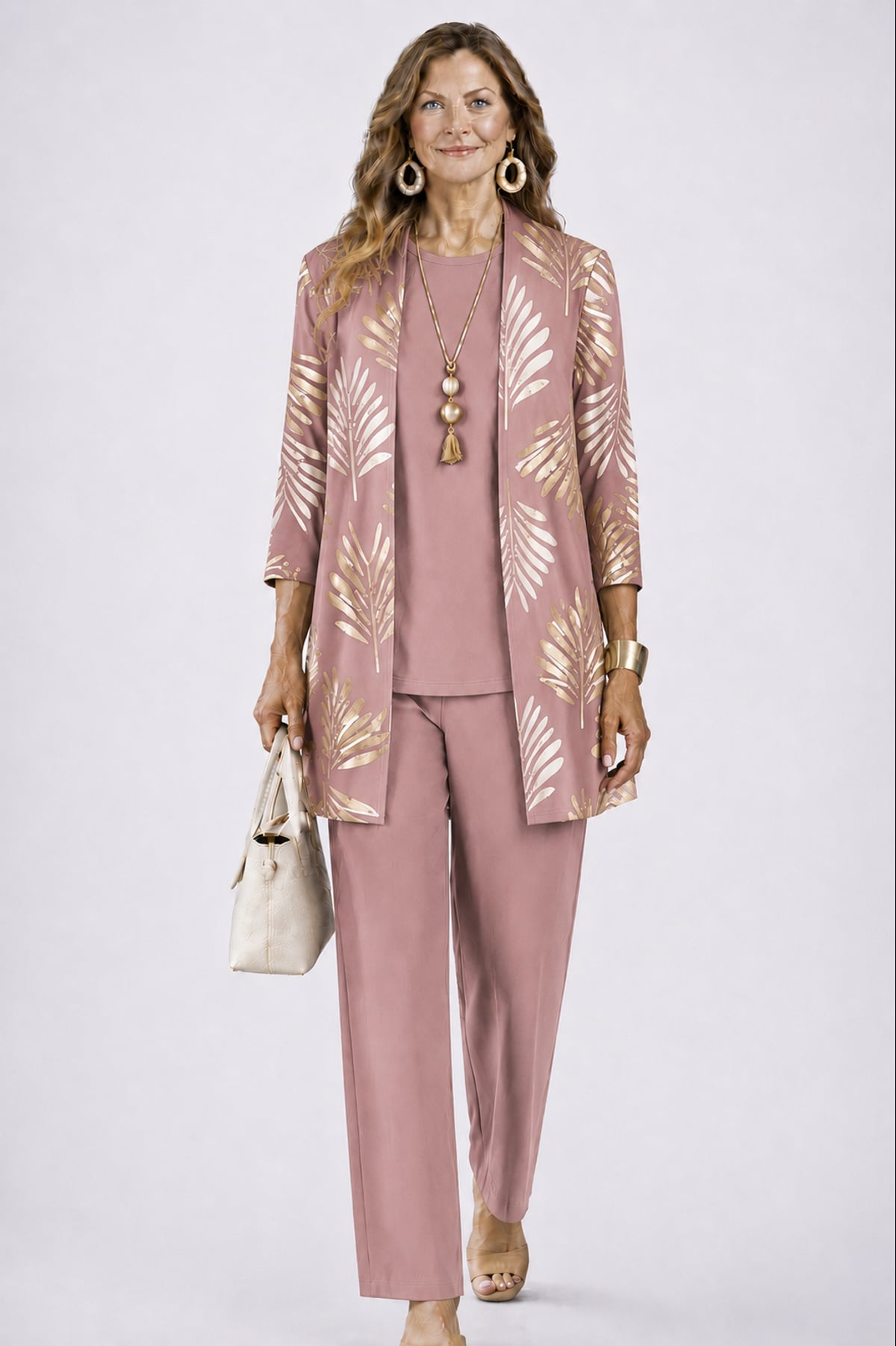 women's three-piece cardigan set in dusty rose