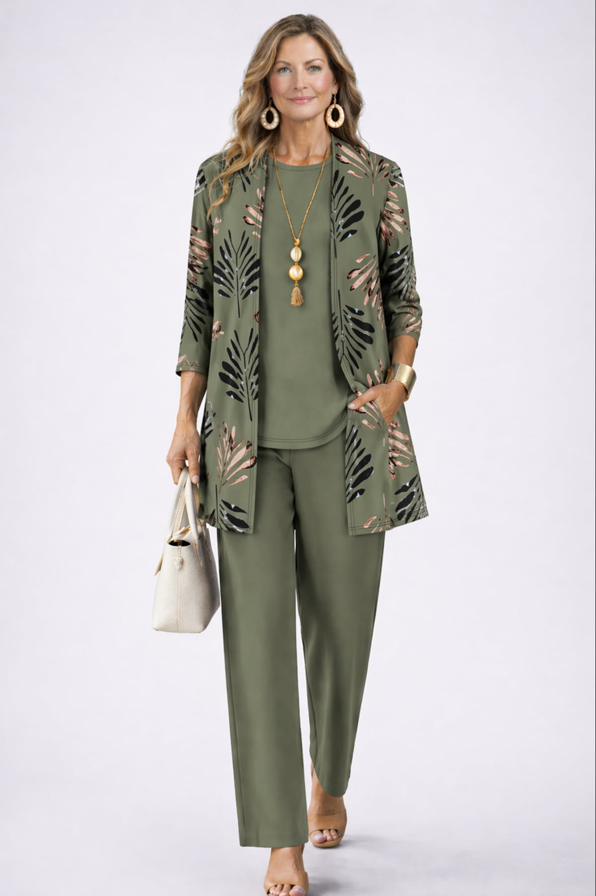 women's three-piece cardigan set in green