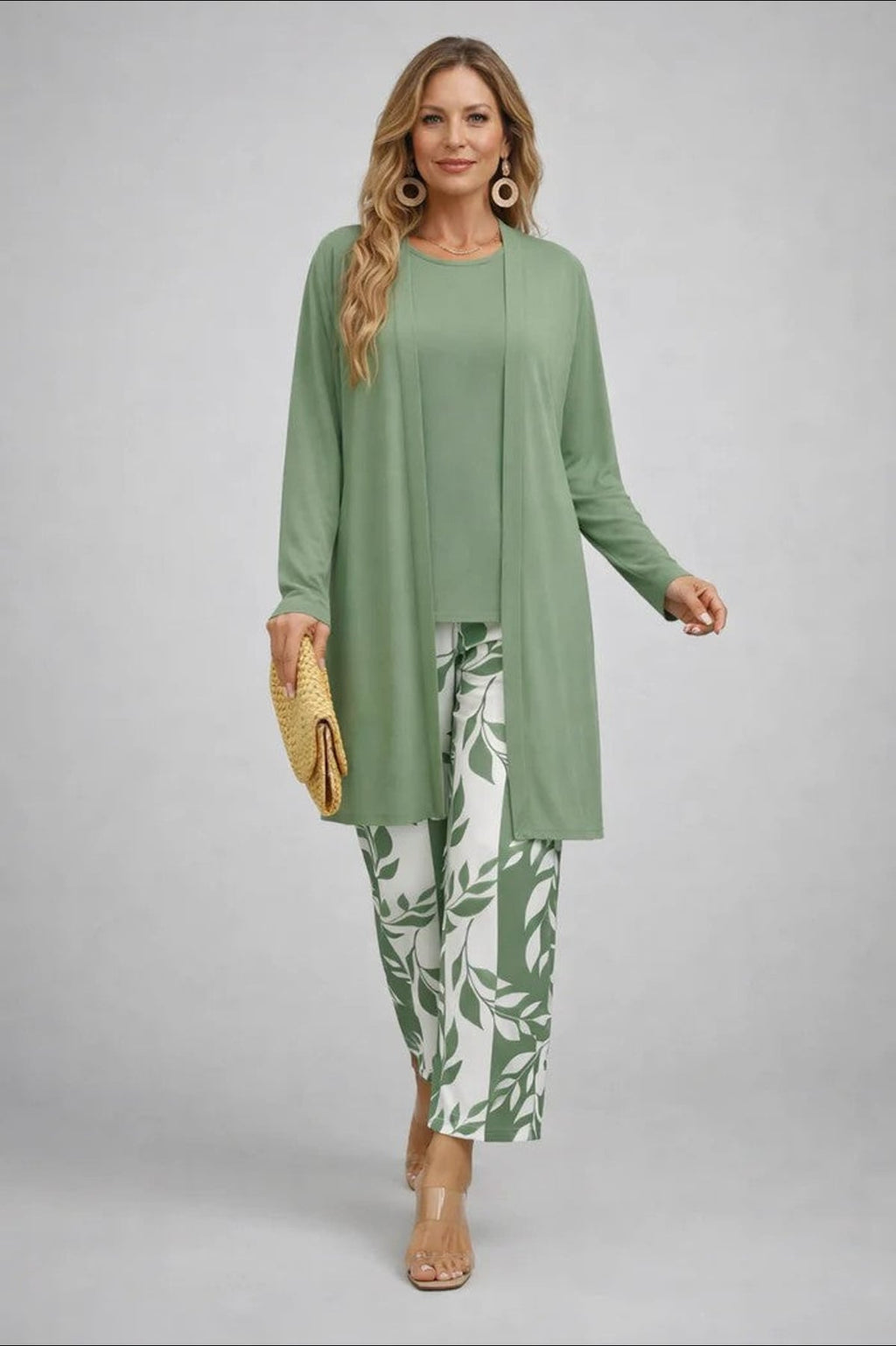 women's three-piece cardigan set in green & white