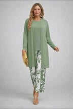 women's three-piece cardigan set in green & white