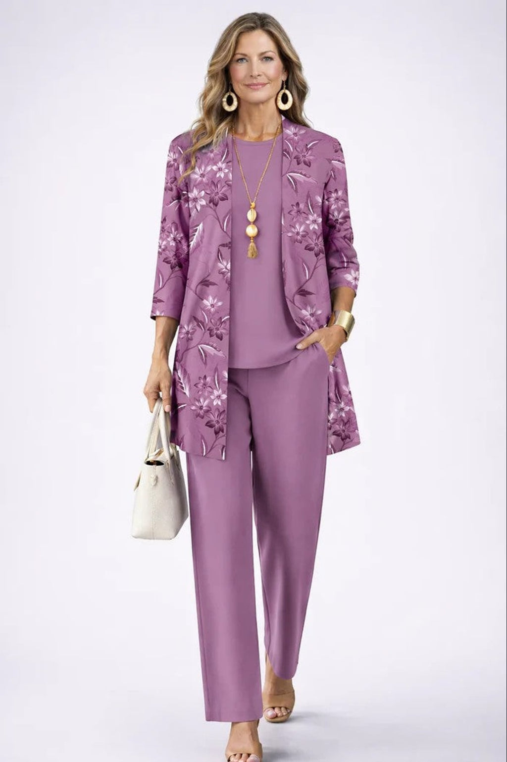 women's three-piece cardigan set in purple