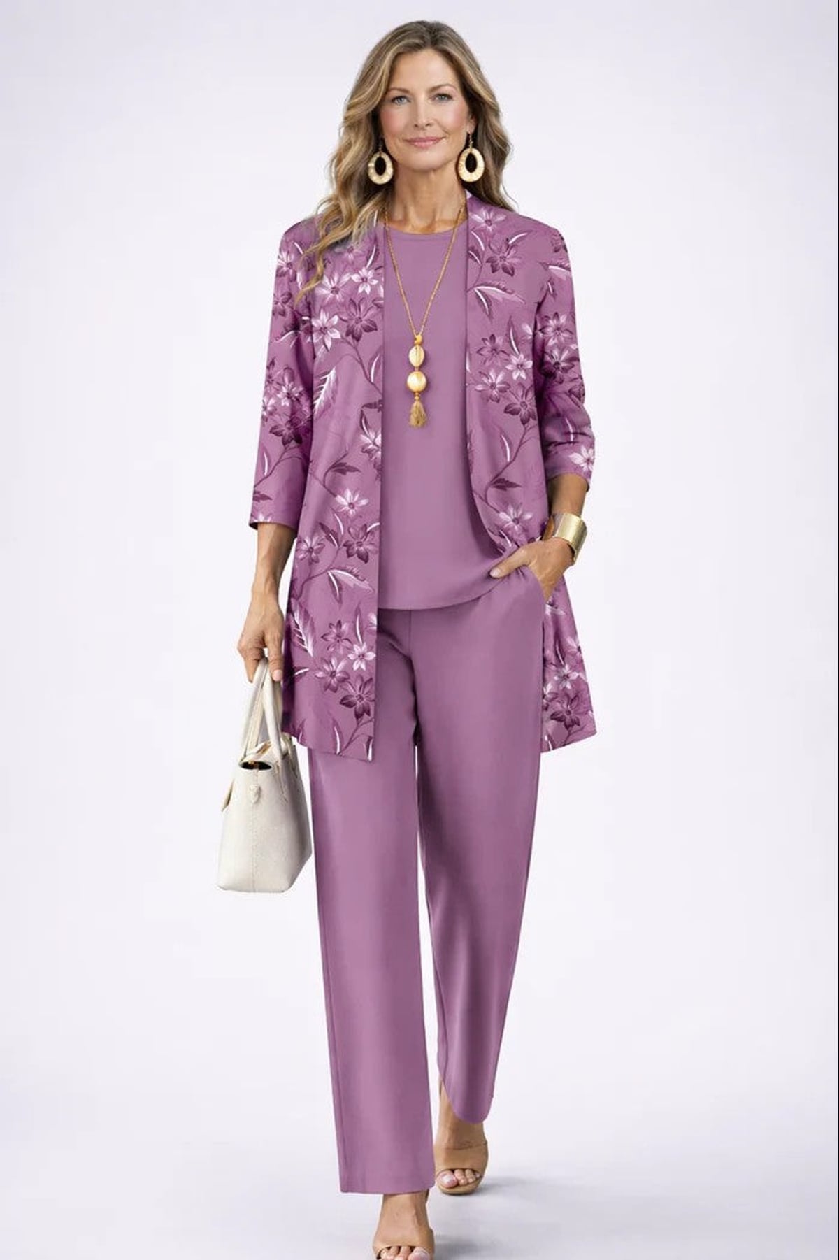 women's three-piece cardigan set in purple