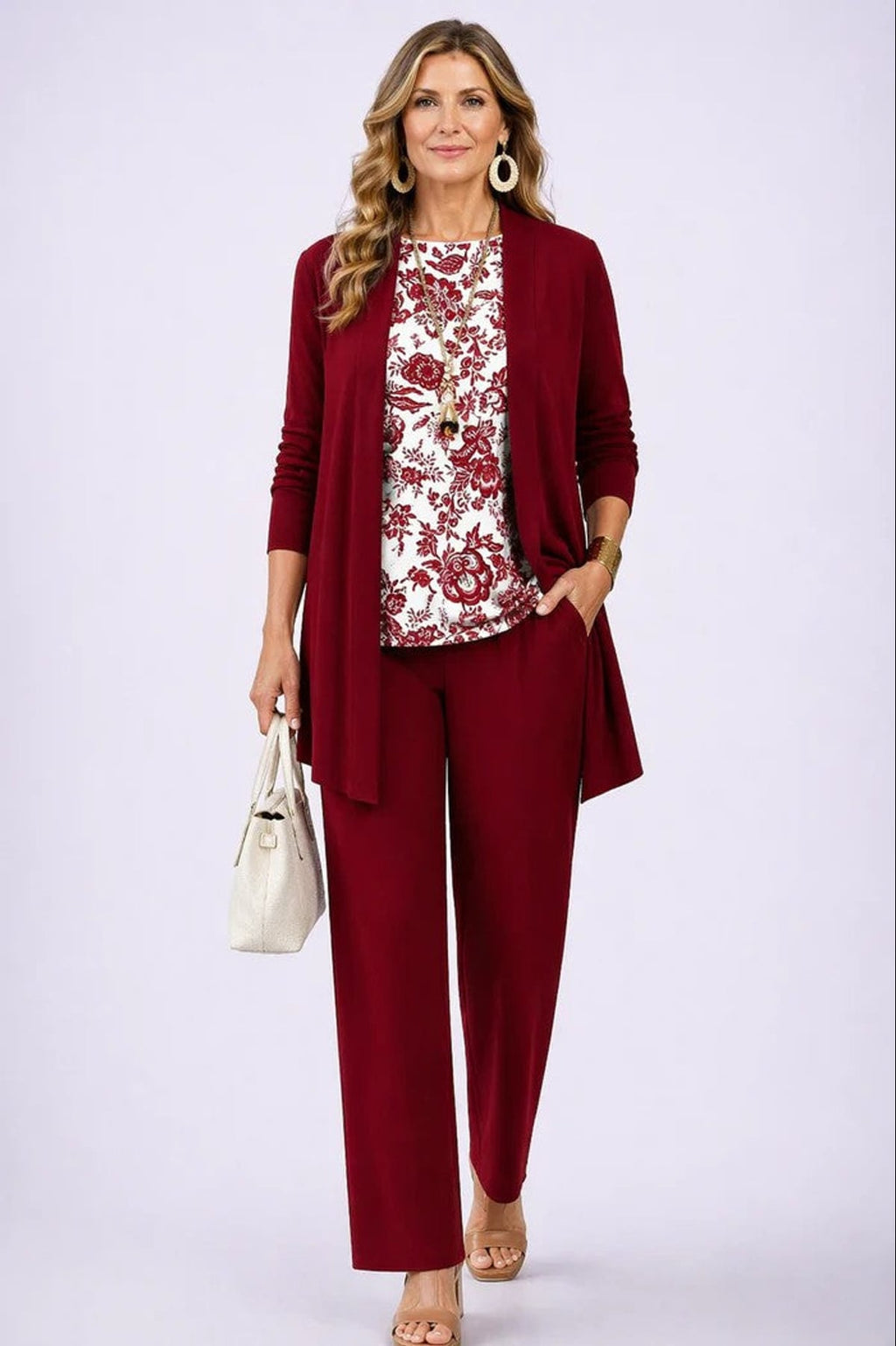 women's three-piece cardigan set in white & red