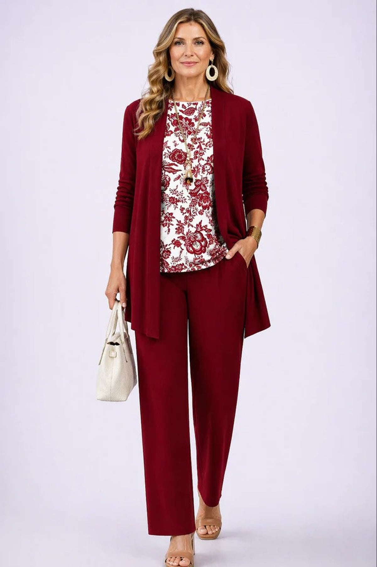 women's three-piece cardigan set in white & red