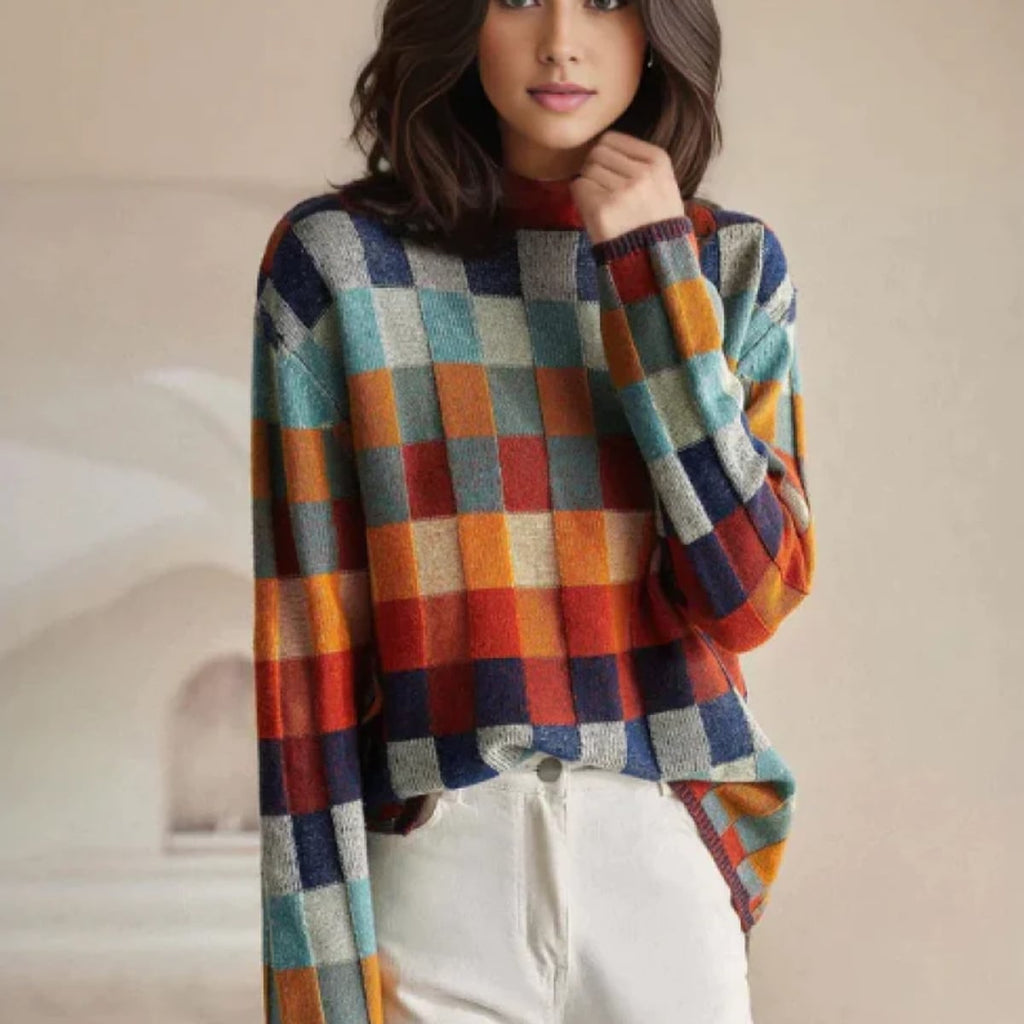 women's turtleneck check knit pullover
