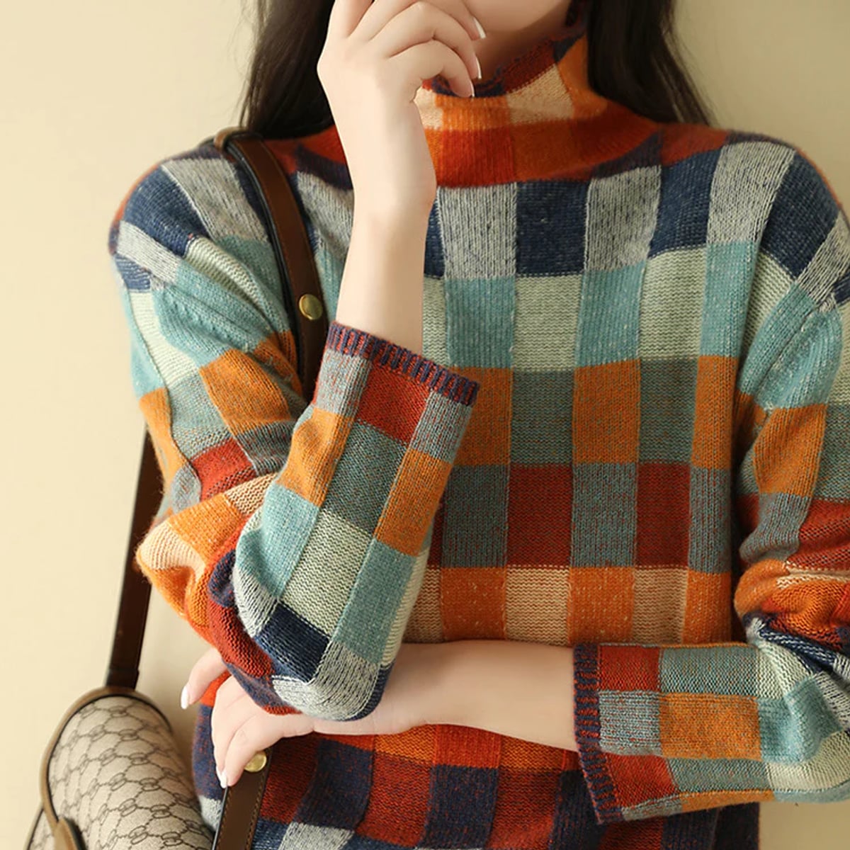 women's turtleneck check knit pullover